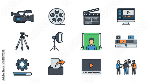 Set of 12 video production and filmmaking icons. Movie camera, film reel, director’s clapboard, video editing tools, tripod, studio light, green screen, upload, play, and teamwork symbols.