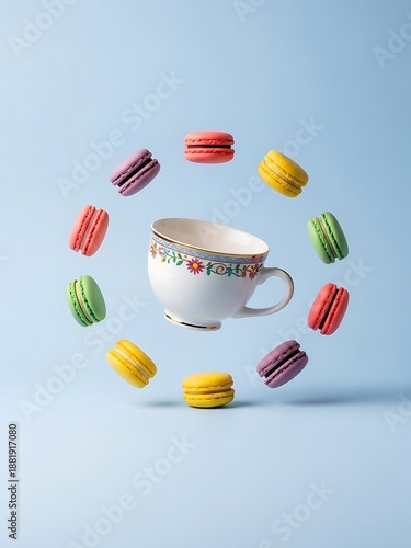 Colorful macarons floating around a delicate teacup on light blue background