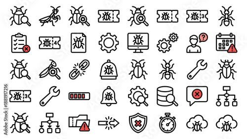 Bug tracking and issue ticket vector icon set. Bold outline style software development symbols. Debugging, coding issues, system errors, workflow management, and repair concept icons collection