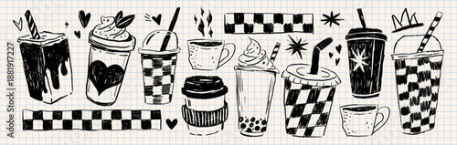 Grunge Coffee Drink Doodle Illustration Set with Cups Milkshakes and Cafe Beverages with stylish checkered patterns in Groovy Retro Sketch Style.