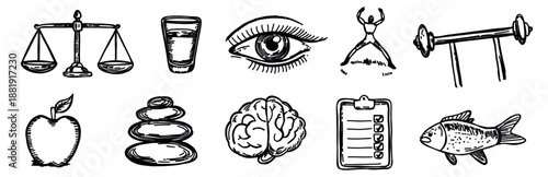 vector illustration: set of sketch fitness, workout and mental health icons, hand drawn symbol set isolated on white or transparent png