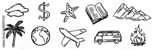 vector illustration: set of hand-drawn sketch holiday travel icons with plane, book, seastar, palm tree, dollar sign, clouds, planet isolated on white or transparent png