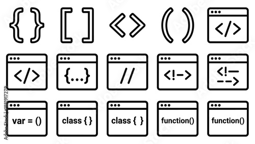 Coding and web development bracket icons set. Outline linear style symbols for software programming, HTML, JavaScript classes, variables, and functions. Minimal vector interface elements grid.