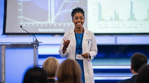 Young African American Female Medical Professional Presenting at a Conference with Graphs and Data Visualizations in the Background, Engaging with the Audience