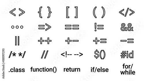 Vector icon set of coding and web development symbols. Outline style brackets, programming operators, and syntax signs arranged in a clean grid layout for software interface design concepts.