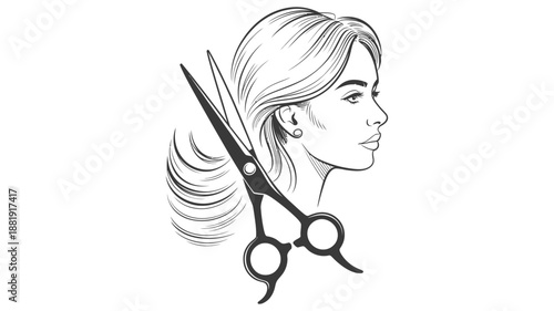 Stylish woman's profile with scissors for hair salon or barber shop concept design