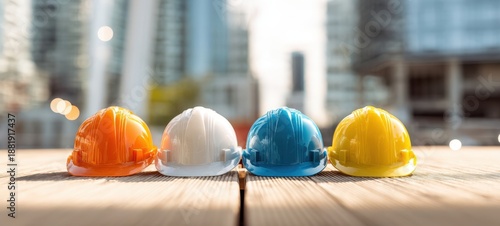 The Hard Hats Four Colorful Helmets on a Wooden Table in Urban Construction Site