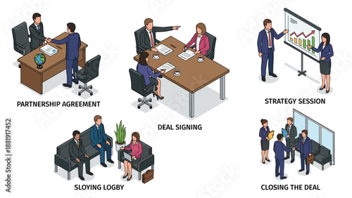 Isometric business negotiation vector illustration set with partnership agreement, deal signing, strategy session, and closing the deal scenes on white background for corporate concept design