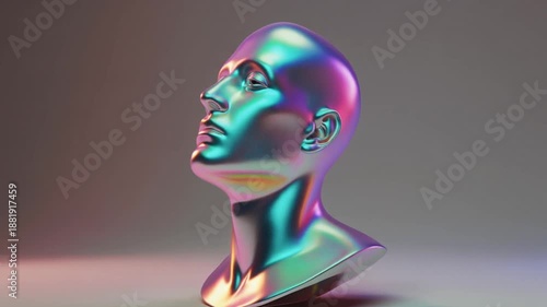 Abstract Futuristic Human Bust Sculpture with Iridescent Surface and Pastel Glow
