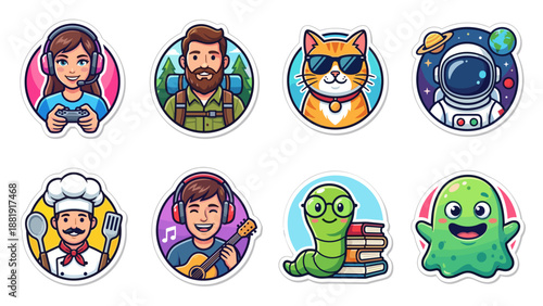 Colorful vector avatar icons set featuring gamer girl, hiker man, cool cat, astronaut, chef, musician, bookworm, and cute green alien in vibrant sticker style cartoon design