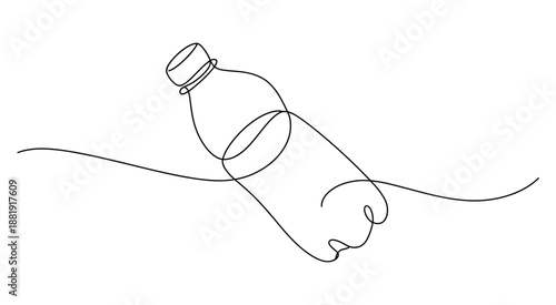 A continuous line art illustration of a plastic bottle polluting an aquatic environment