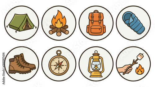 Camping and outdoor adventure icons set. Vector illustration. Tent, campfire, backpack, sleeping bag, boots, compass, lantern. Nature travel symbols. Summer tourism hiking equipment.