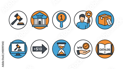 Auction and bidding icons set. Business sale symbols. Law gavel. Bid paddle. Auction house building. Online market. Hourglass timer. Price arrow. Item box. Catalog. Vector collection.