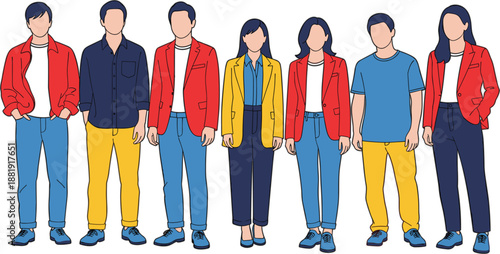 Minimalist illustration of seven faceless people standing side by side in colorful coordinated outfits, symbolizing diversity, unity, and modern design