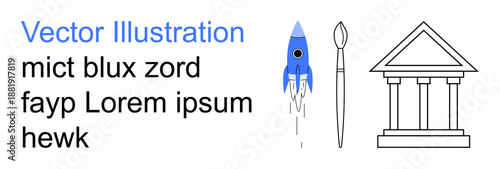 Education, creative design, technology, innovation, art concepts, scientific exploration. Blue rocket, paintbrush and classical building outline. Education and creative design