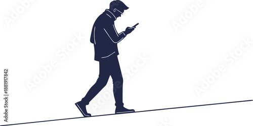 Man Walking Uphill While Using Smartphone Vector Illustration – Minimal Silhouette Digital Lifestyle Progress Concept Art