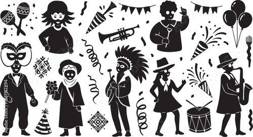 Black and white party celebration with people and decorations