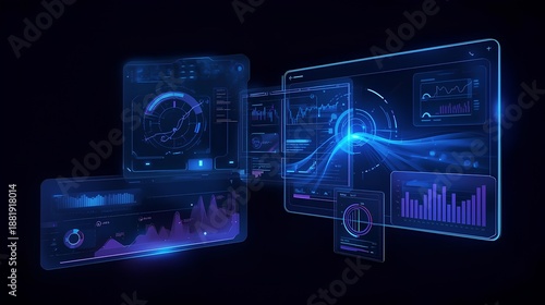 Futuristic Data Visualization and Interactive Digital Interface Display on Holographic Screens
