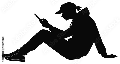 Young Man Sitting and Using Smartphone Vector Illustration – Relaxed Black Silhouette Digital Lifestyle Concept Art for Web