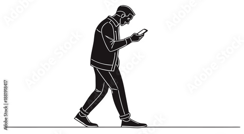 Man Walking and Using Smartphone Vector Illustration – Clean Minimal Black Outline Silhouette Digital Lifestyle Concept Art