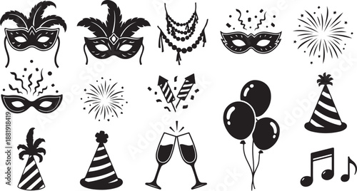 New Year's Eve party icons and celebration symbols collection