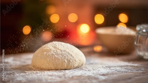 Freshly kneaded dough on a wooden surface, captured with warm bakery lighting in close-up detail. menu design.