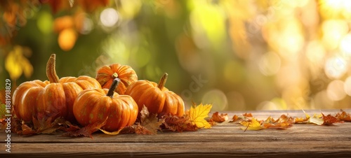 The Pumpkins on a Rustic Wooden Table with Autumn Leaves and Warm Sunlight
