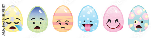 Kawaii Easter egg stickers with sleepy and playful facial expressions
