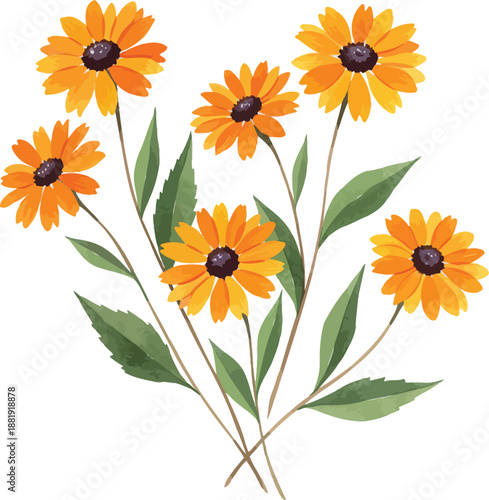 A bright summer bouquet of yellow sunflowers and orange gerbera daisies blooms with natural floral beauty, isolated against a white background to highlight every sun-drenched petal and spring blossom