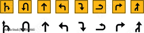 Road Arrow Flat Style Vector Icon Set, Traffic Direction Symbol Collection and Navigation Outline Graphic Group Featuring Turn, Curve and Wayfinding Arrow Signs