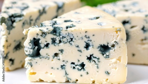 Close Up Of Wedge Shaped Blue Cheese With Green Mold Veins On White Surface With Shallow Depth Of Field