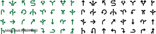 Road Arrow Flat Style Vector Icon Set, Traffic Direction Symbol Collection and Navigation Outline Graphic Group Featuring Turn, Curve and Wayfinding Arrow Signs
