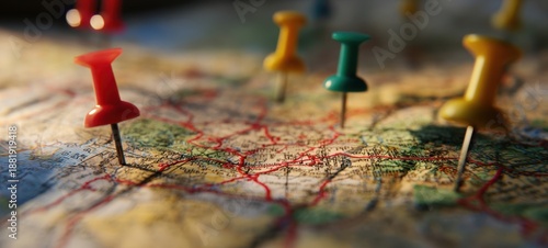 The Pushpin on a Map Highlighting Travel Routes and Destinations