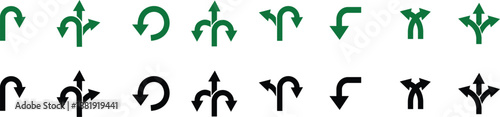 Road Arrow Flat Style Vector Icon Set, Traffic Direction Symbol Collection and Navigation Outline Graphic Group Featuring Turn, Curve and Wayfinding Arrow Signs