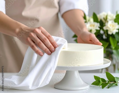 Confectioner Polishing White Frosted Cake With Microfiber Cloth On White Cake Stand With Greenery And Flowers In Background Soft Natural Light