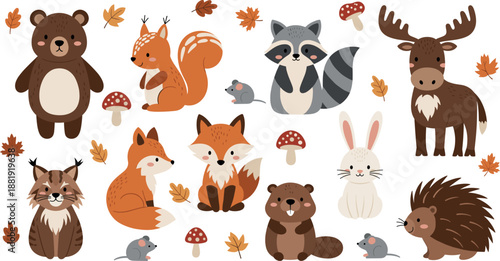 Animal vector set with forest characters including bear fox and moose