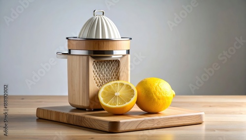 Manual Citrus Juicer With Two Lemons One Sliced On A Wooden Cutting Board With Soft Lighting
