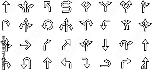 Road Arrow Line Style Vector Icon Set, Traffic Direction Symbol Collection and Navigation Outline Graphic Group Featuring Turn, Curve and Wayfinding Arrow Signs