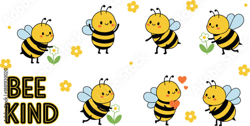 Bee vector illustration with cute characters and bee kind text on white background
