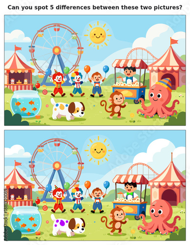 spot the difference, kids activity, fun games, puzzles for kids, educational activity, brain teaser, difference game, coloring pages, coloring books, book cover, kdp, kdp interior, kids challenges, le