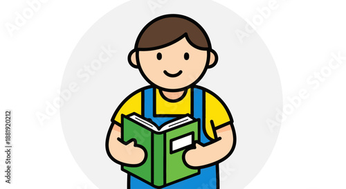 Boy reading a book with a smile.