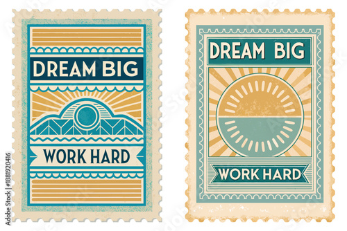 Retro motivational sign, 'Dream Big Work Hard' message, sunrise illustration, warm golden and blue gradient, distressed wood texture, 1950s optimistic Americana style, inspirational cafe wall art