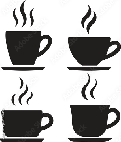 Vector Coffee Cups with Steam – Hot Beverage Symbols for Café, Coffee Shop, Beverage Menus, and Digital Art Illustrations