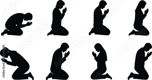 Black silhouette people kneeling and praying in various poses isolated on white background spiritual worship meditation faith religion vector illustration set