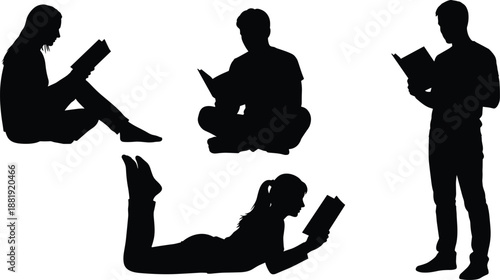 Black silhouette people reading books in different sitting and standing poses isolated on white background education knowledge vector illustration set