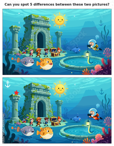 spot the difference, kids activity, fun games, puzzles for kids, educational activity, brain teaser, difference game, coloring pages, coloring books, book cover, kdp, kdp interior, kids challenges, le