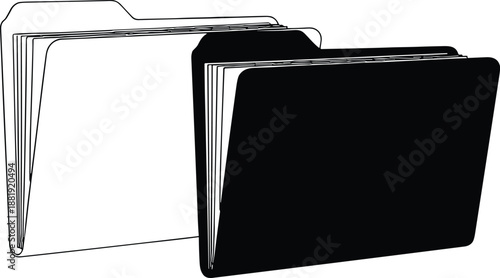 Black and white file folder icons, organizational office supplies for data management, digital document storage symbols, professional paper filing system, business administration concept