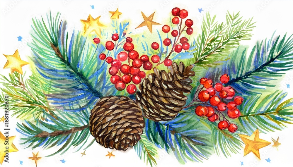 Fototapeta premium watercolour bright coloured bouquet composition of pine branches with rowan berries pinecones and golden stars on bright white background