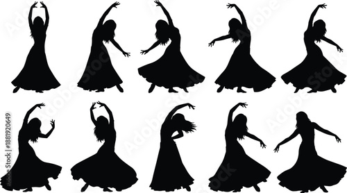Elegant female dancer silhouette collection of flowing dress dance poses isolated on white background vector illustration for creative design projects