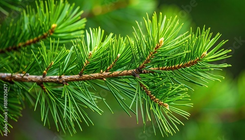 Close up of a green pine branch with sharp needles and small buds in soft green bokeh background natural light